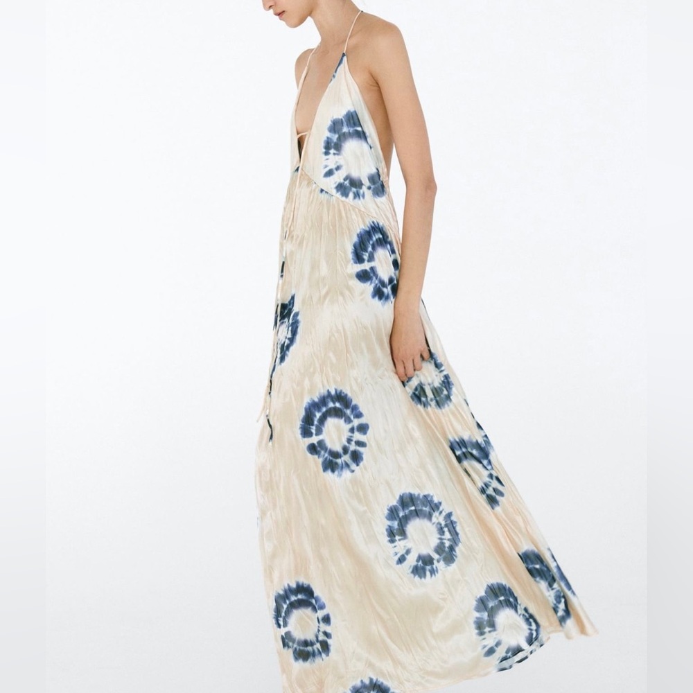 ZARA WRINKLE SATIN EFFECT MAXI LONG DRESS WHITE BLUE NWOT S - Picture 10 of 14
